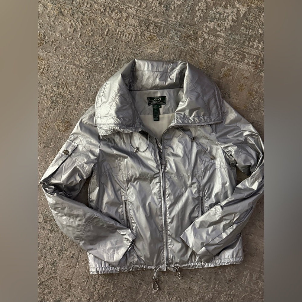 Ralph Lauren Women M Silver Foil Metallic Hooded Jacket Windbreaker Lightweight - Picture 2 of 8